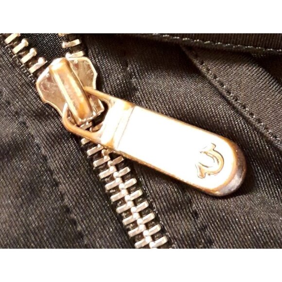 True Religion Y2K Womens XS Monogram Graphic Logo Hooded Gold Zip Jacket Black - Picture 4 of 7